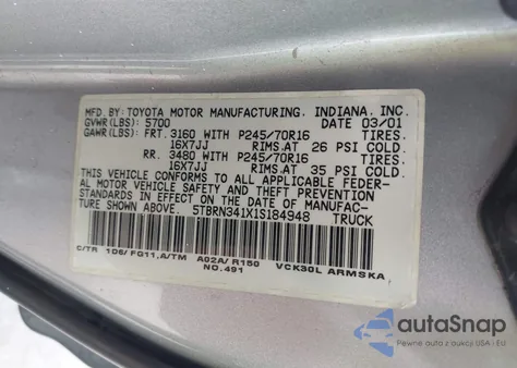 2001 Toyota Tundra Sr5 из США, поврежденный, VIN 5TBRN341X1S184948